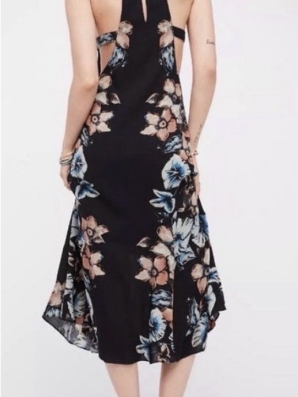 Free People Women’s XS Black Floral Midi Dress Open Back Boho Summer Beach